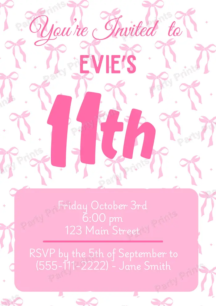 Blushing Bows invitation — bold bubblegum bows and hearts